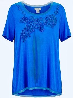 Joseph A Royal Blue Mesh Rosette Top XL Floral Appliqué Vacation Artistic NWT